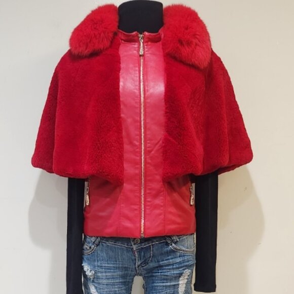 💥STUNNING!💥VTG 100% Lamb Leather, Genuine Fox & Rabbit Fur Cape Vest in Red - Picture 6 of 16